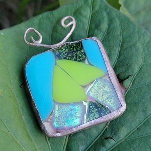 Artisan handmade stained glass 925 sterling silver bug necklace pendant